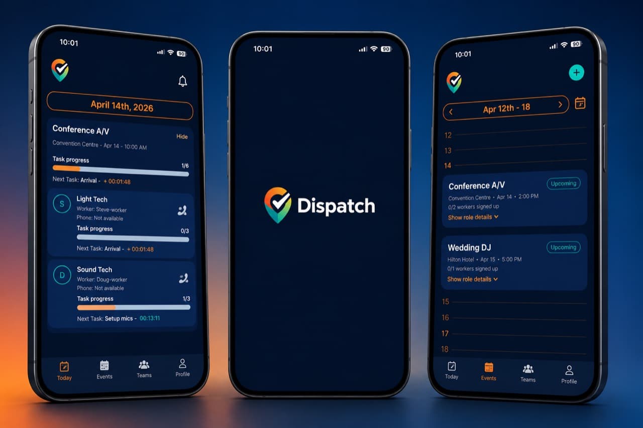 Dispatch app screens shown on three phones