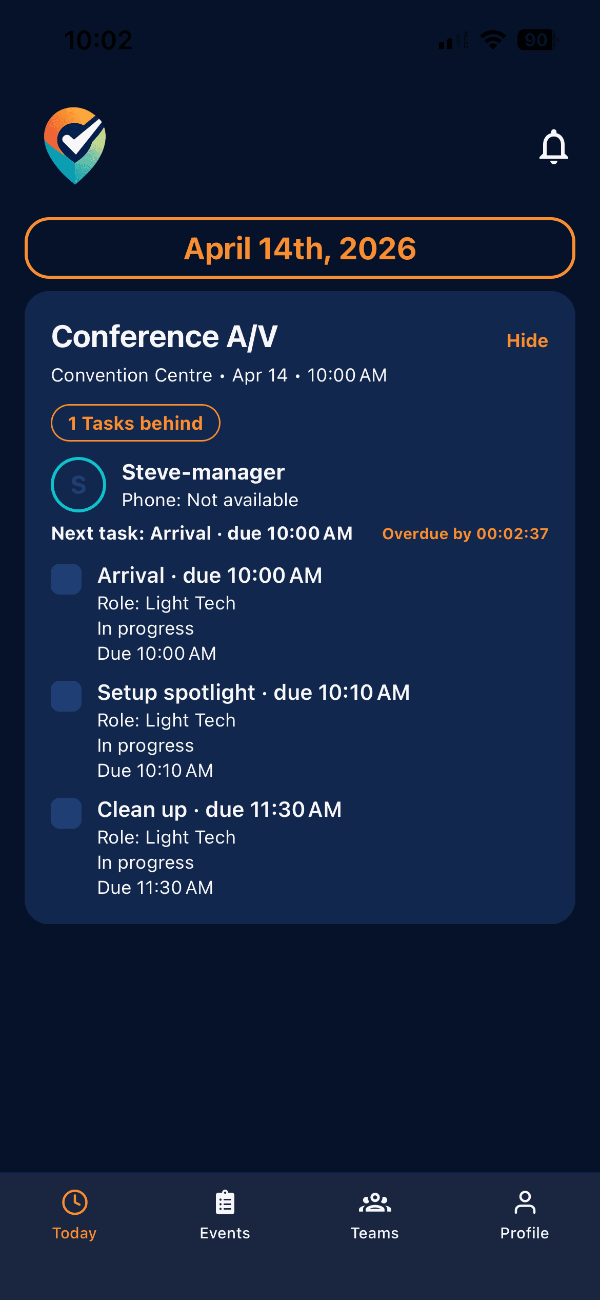 Dispatch event alerts, blockers, and staffing warnings screen
